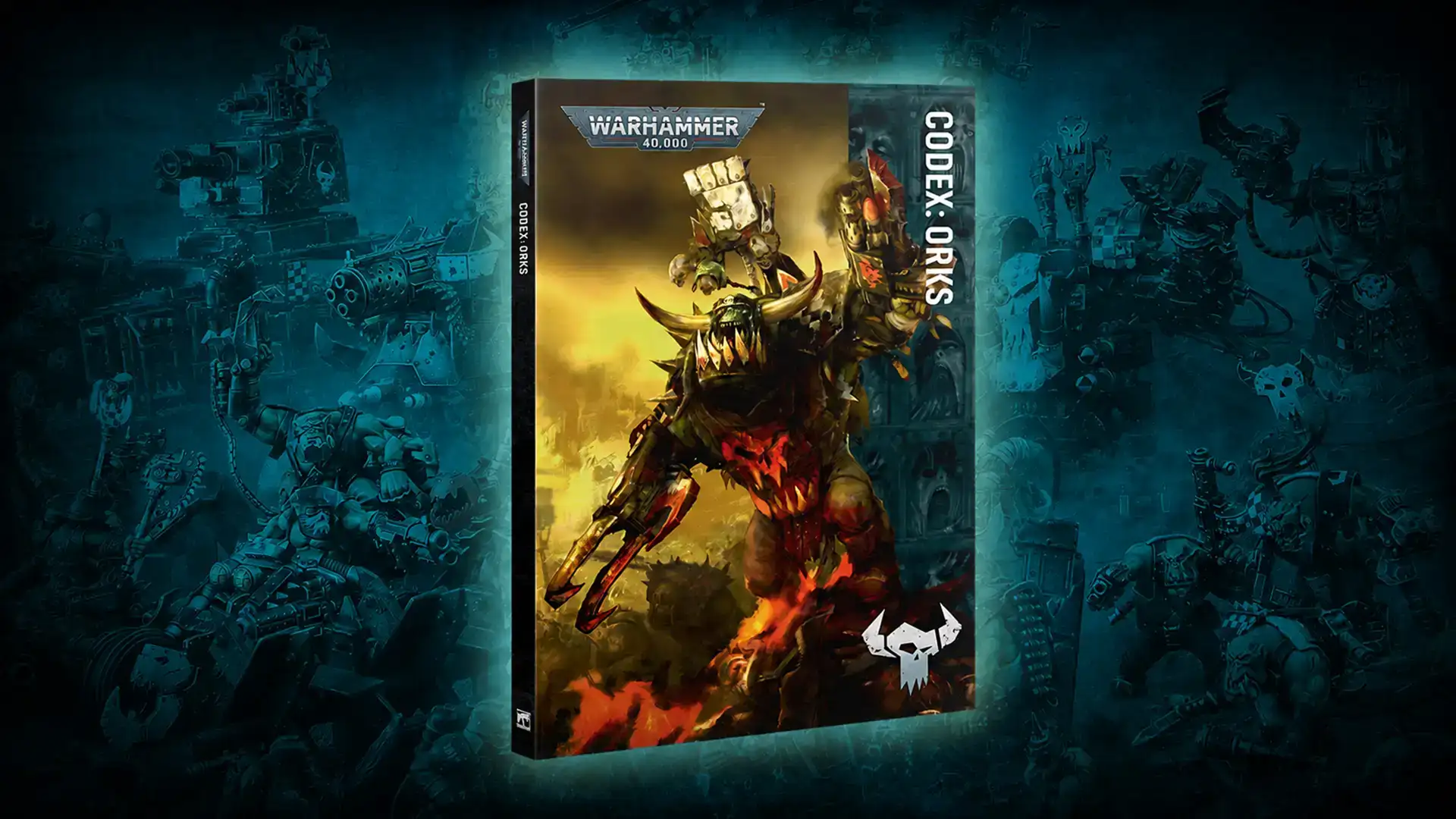 Portada del Codex Orkos de Warhammer 40.000 con un Ork armado ante un fondo de batalla