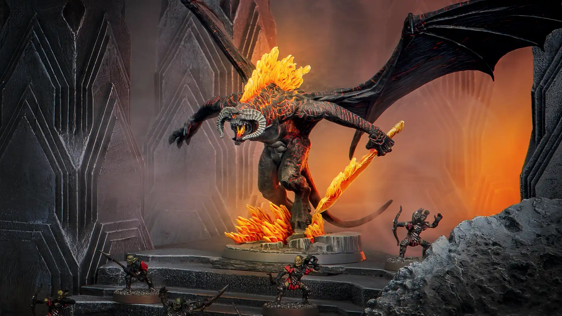 Balrog imponente en el juego de miniaturas de la tierra media