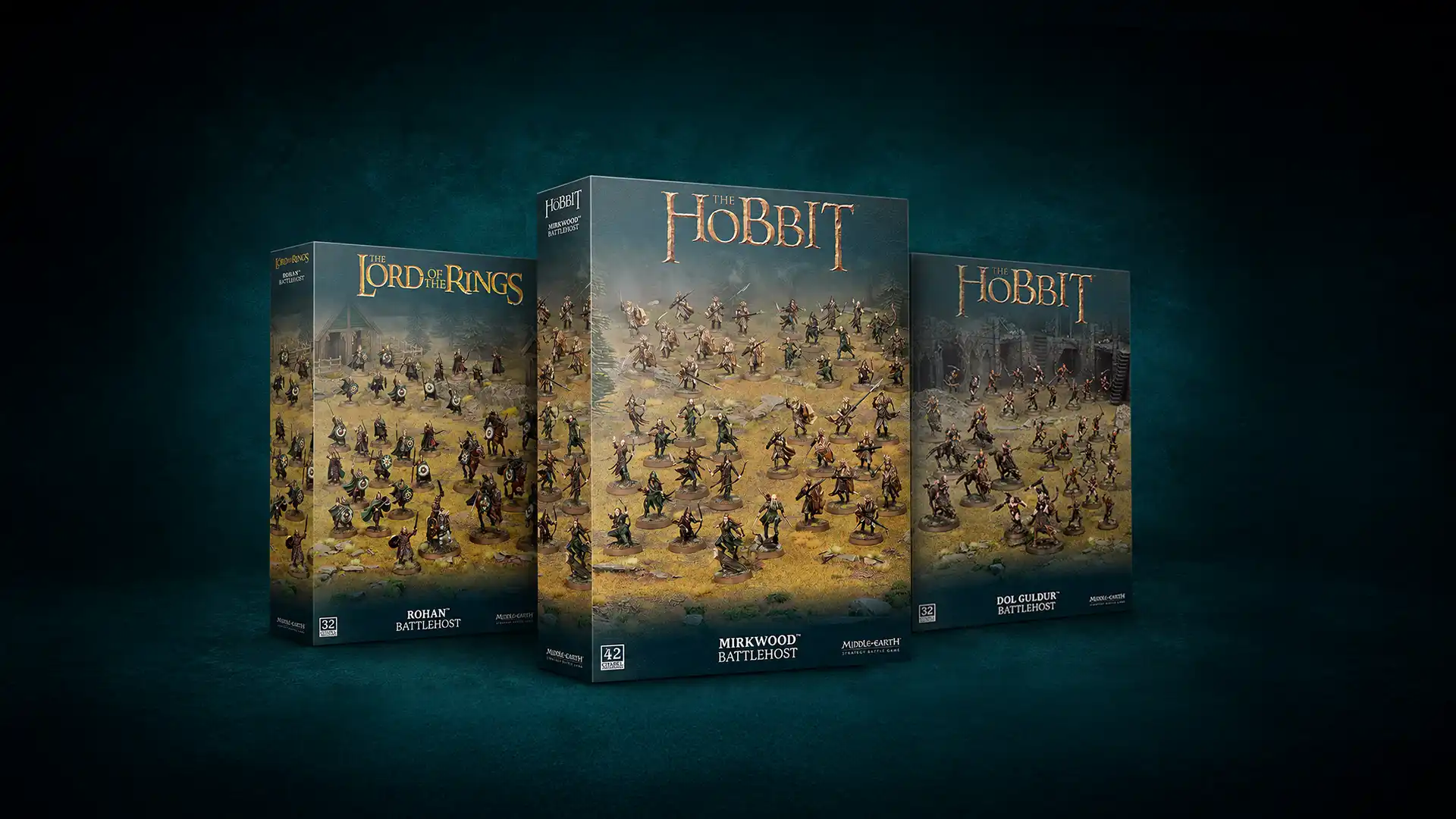 Miniaturas de las tres nuevas Battlehosts de la Tierra Media: Rohan, El Bosque Negro y Dol Guldur sobre la mesa de juego