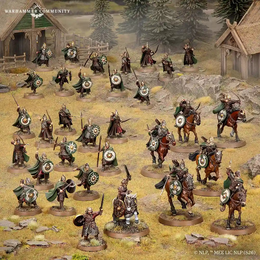 Miniaturas de la Battlehost de Rohan con Théoden a la cabeza, jinetes y guerreros a pie