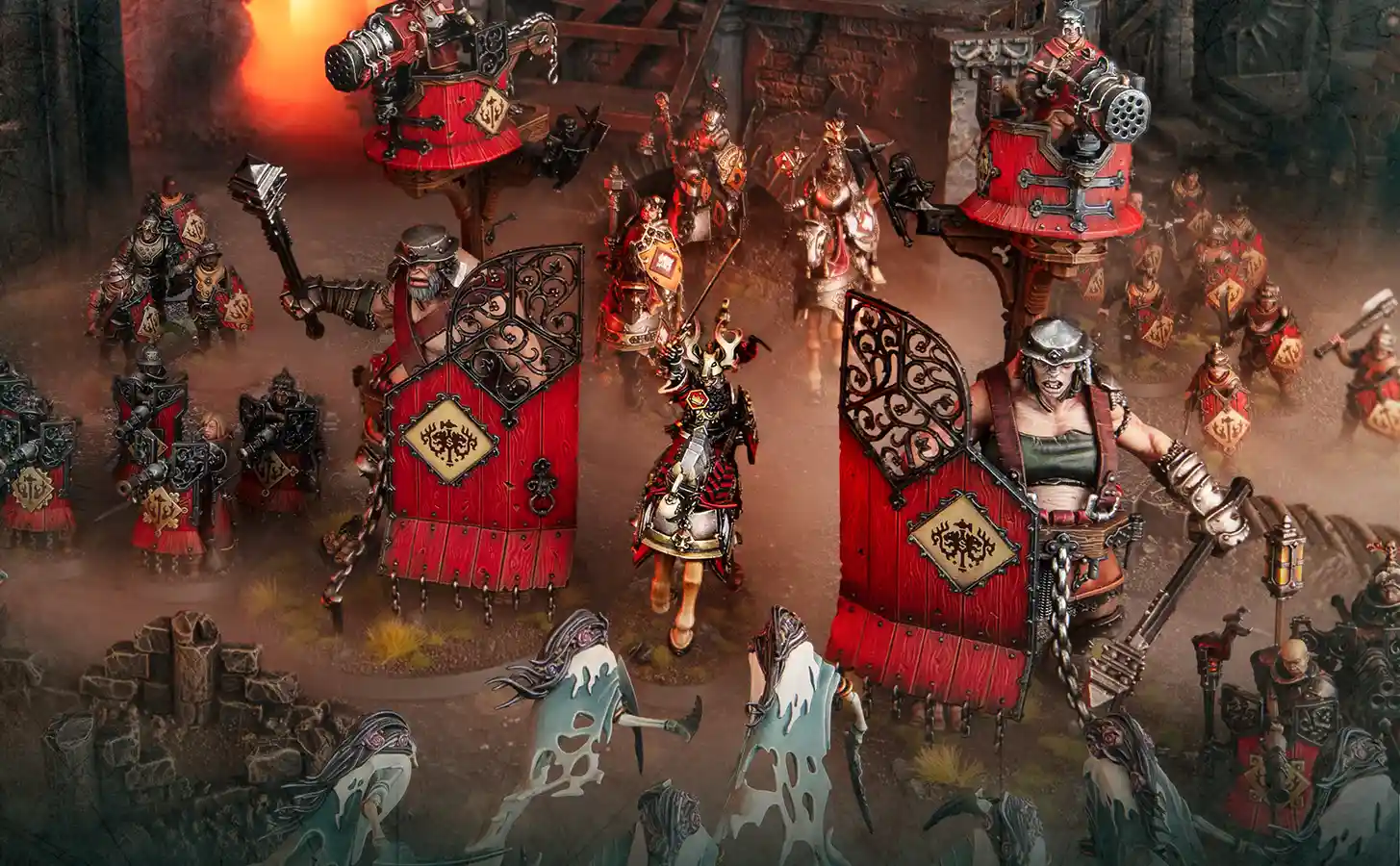 Un ejército de Ciudades de Sigmar marchando hacia la batalla con sus estandartes al viento.