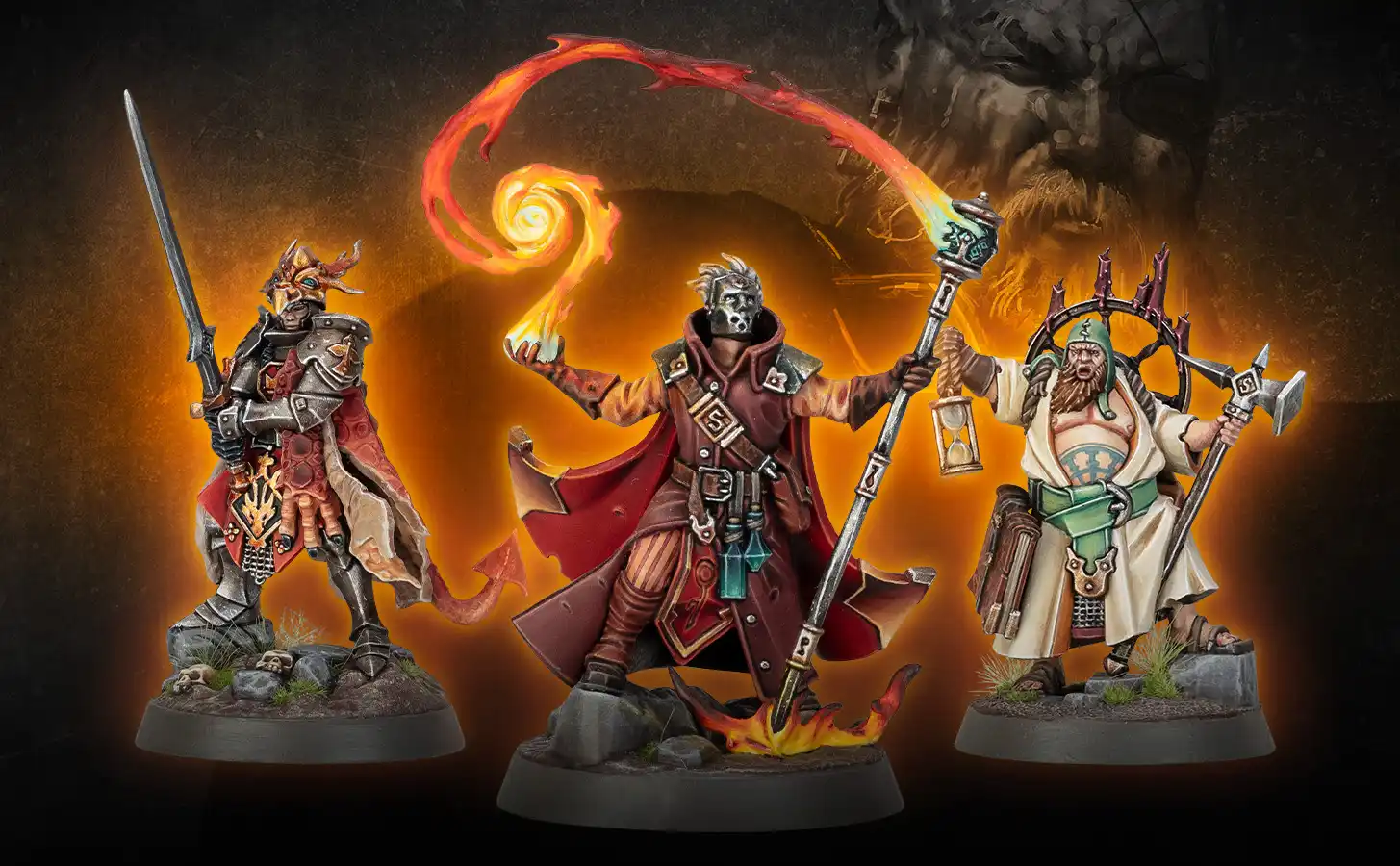Miniaturas de Warhammer Heroes de Ciudades de Sigmar ante un paisaje urbano fantástico