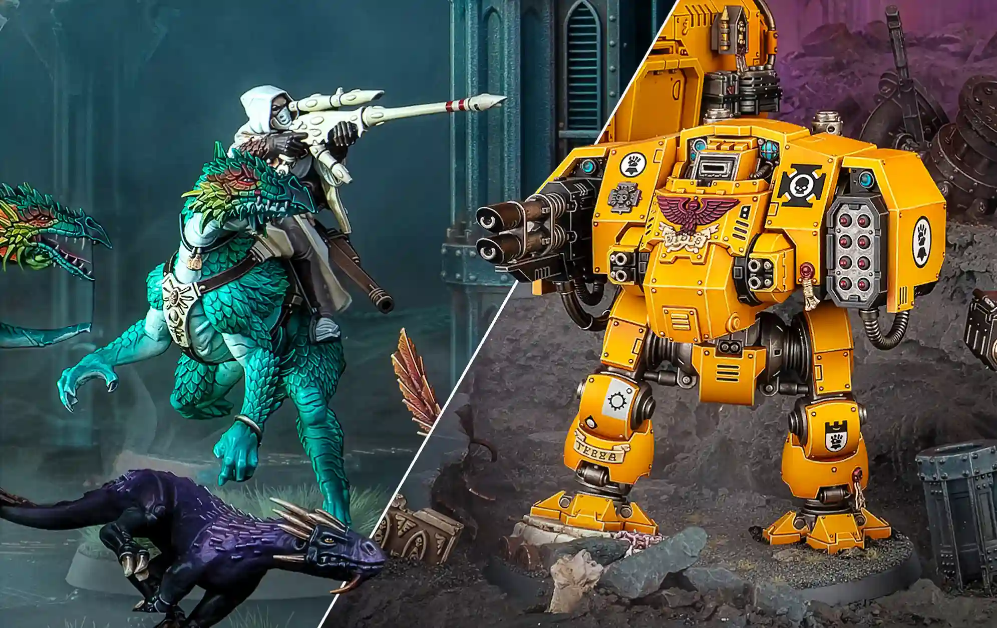 Nuevos Exoditas Aeldari junto a un Dreadnoght de los Marines Espaciales.