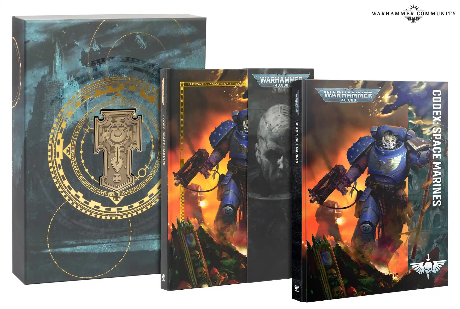 Tres ediciones del Codex Space Marines de Warhammer 40.000 mostrando portadas y detalles de coleccionista