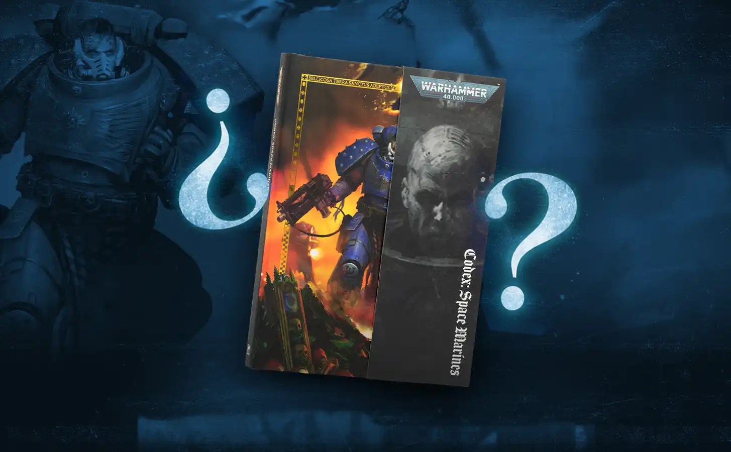 Varias ediciones del Codex Space Marines de Warhammer 40.000 apiladas junto a ilustraciones de trasfondo.