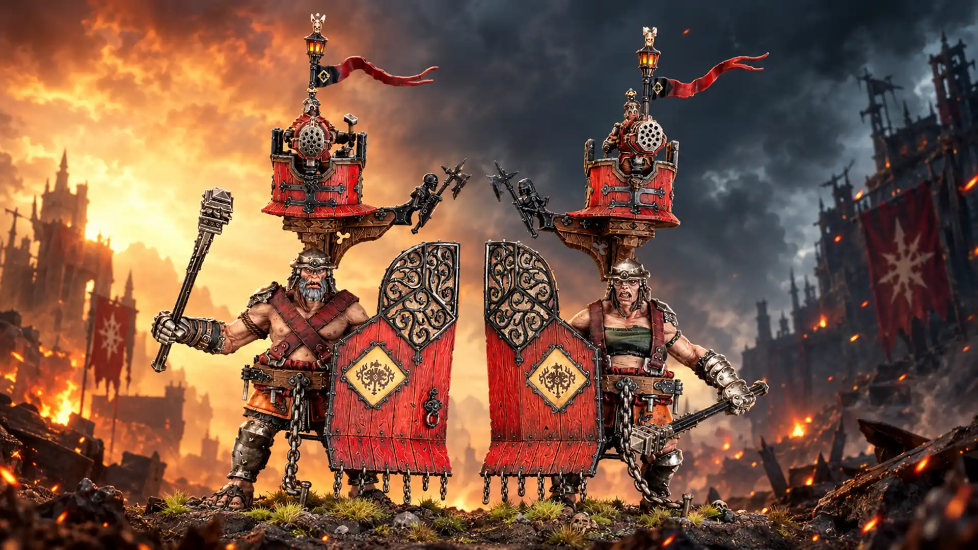 Dos Gargantes del Portón de Ciudades de Sigmar formando un escudo bastión en plena batalla.