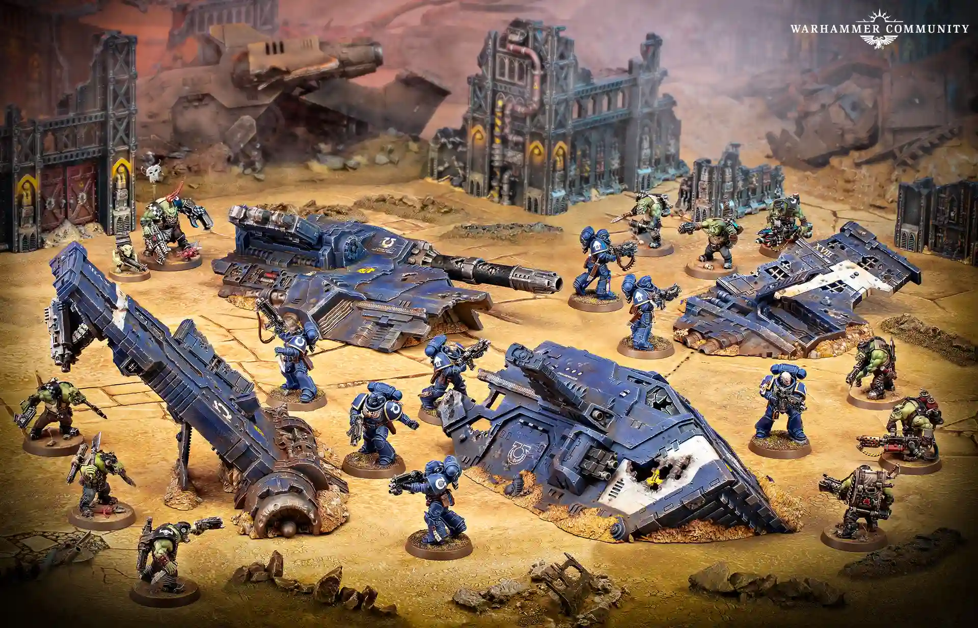 Terreno Thunderhawk estrellada integrado en una partida de Warhammer 40.000