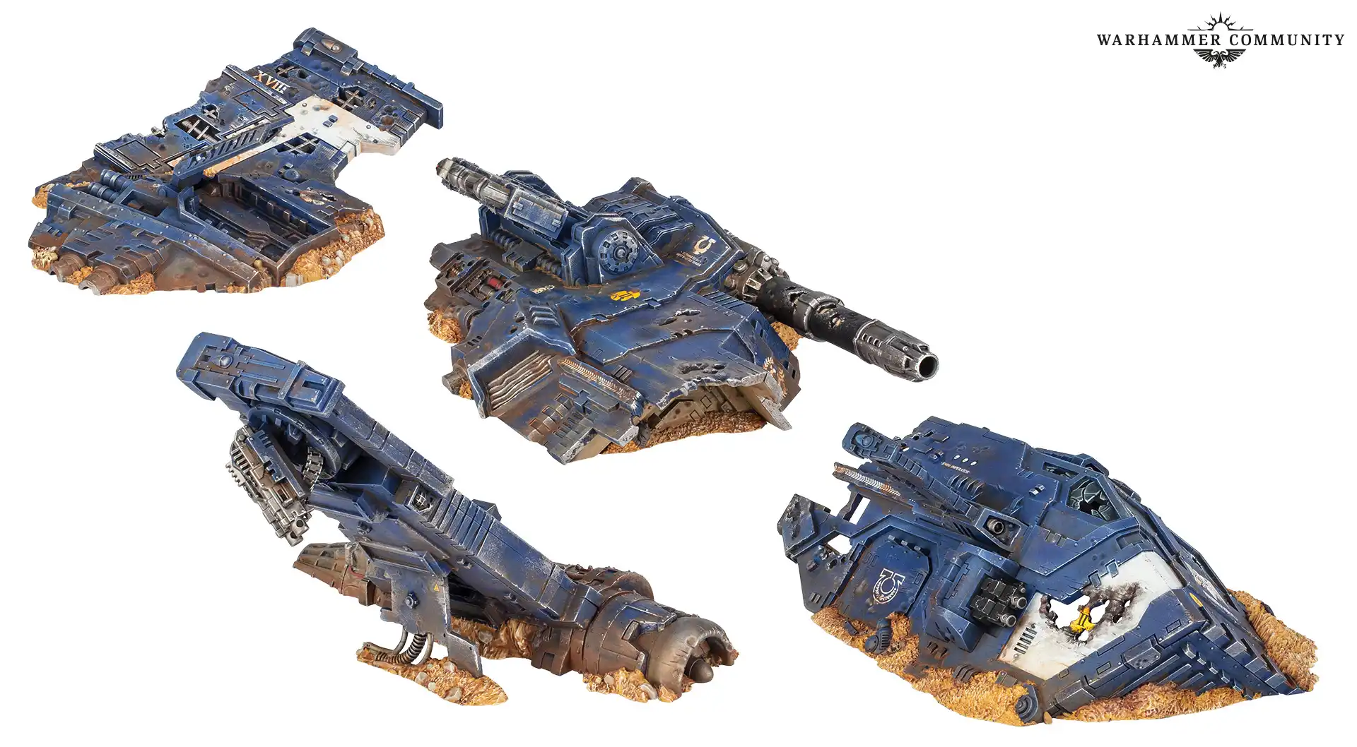 Thunderhawk estrellada montada como pieza de escenografía sobre la mesa de juego